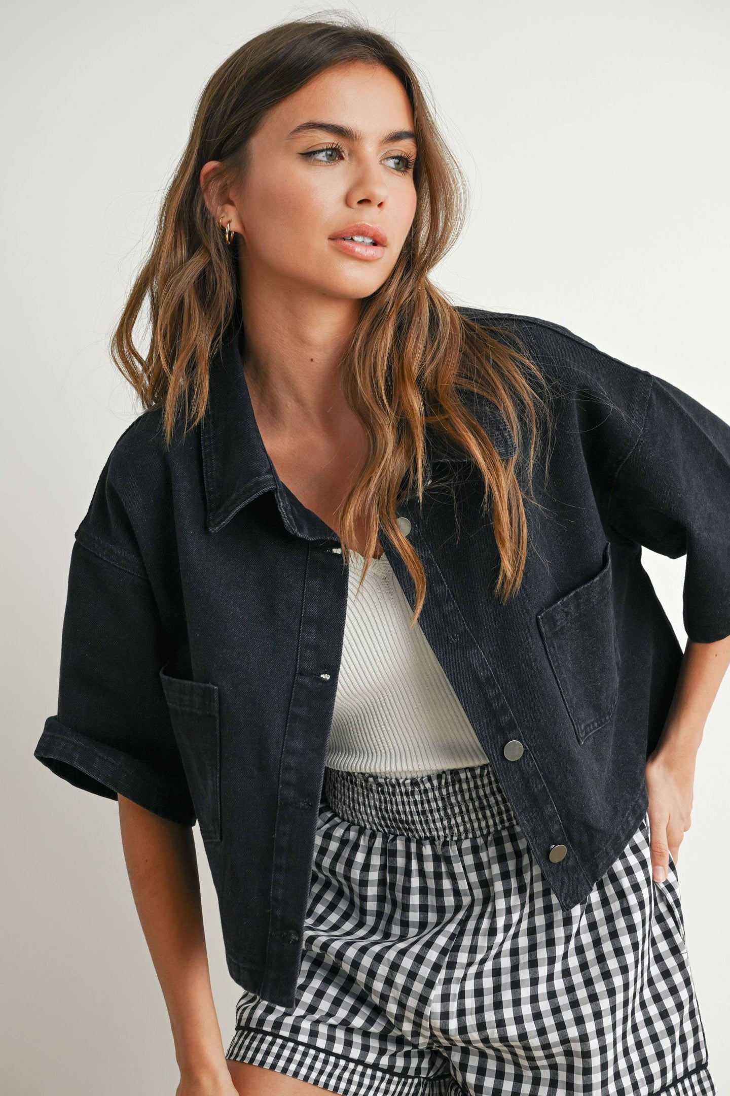 cropped dark denim button up